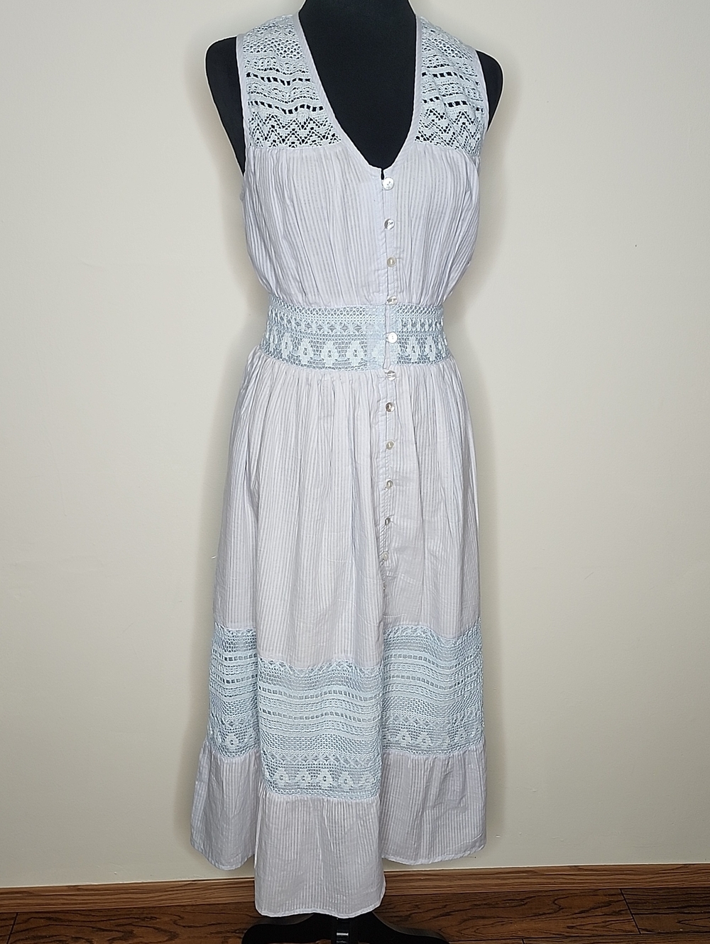 Papa Blue Crochet Lace Button Front Maxi Dress NWT Size M 100% Cotton